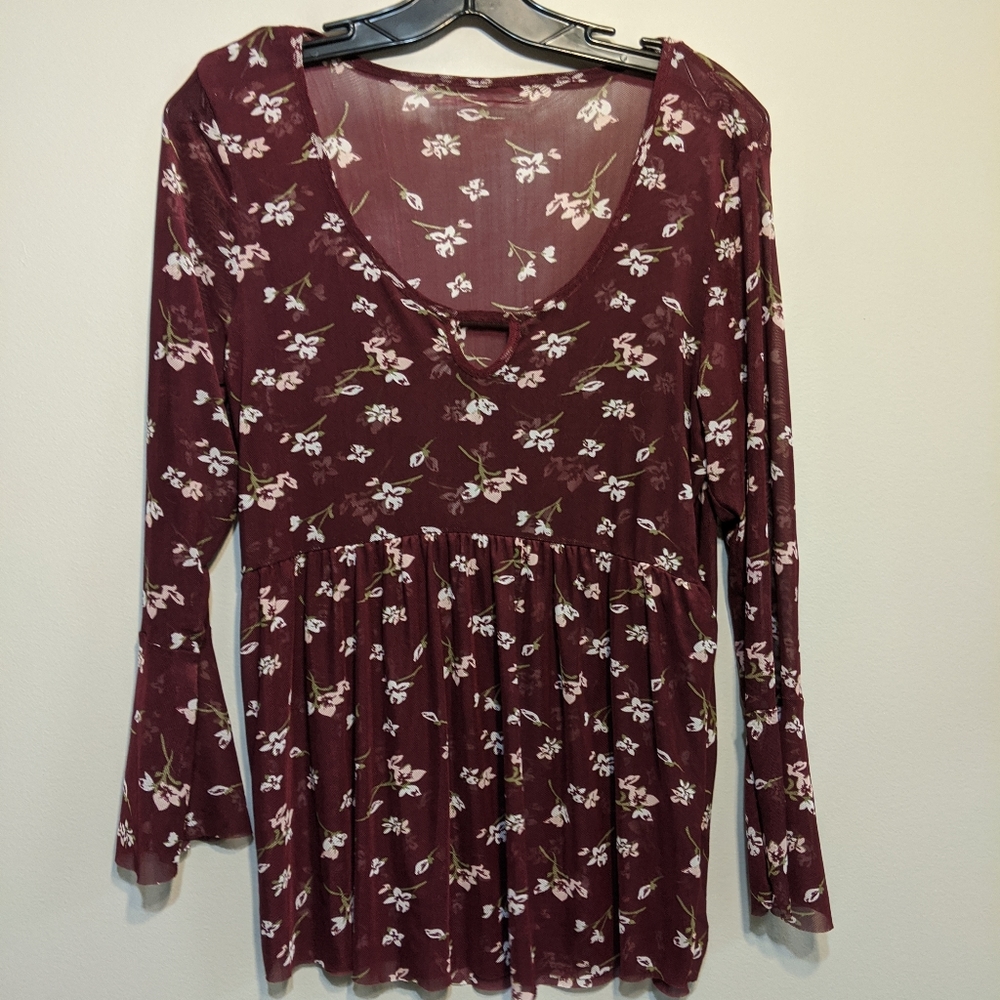 Mesh floral 70s style bell sleeve top